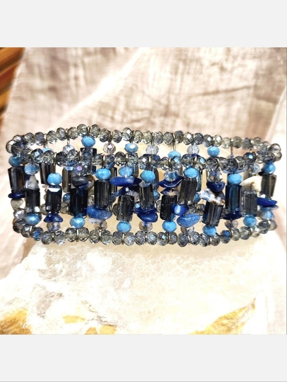 Dusty Blue Gray Faceted Glass Square Tube Beads Natural Stone Stretch Bracelet